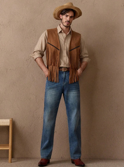 Men’s Western Suede Fringe Vest — Cowboy Rodeo Vintage Style