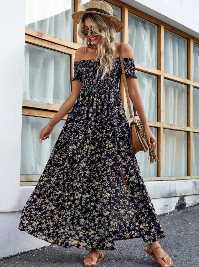 Boho Western Floral Off-Shoulder Maxi Dress — Summer Smocked Prairie Sundress