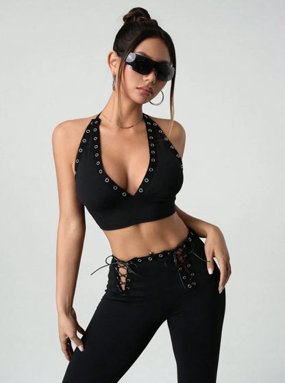 Western Cowgirl Black Lace-Up Two Piece Set — Halter Crop Top & Flare Pants