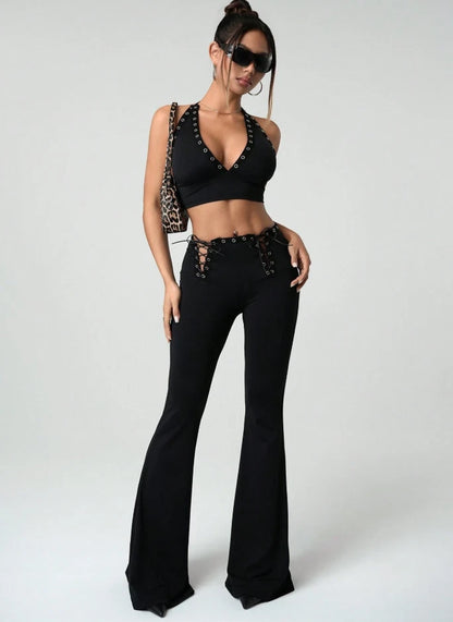 Western Cowgirl Black Lace-Up Two Piece Set — Halter Crop Top & Flare Pants
