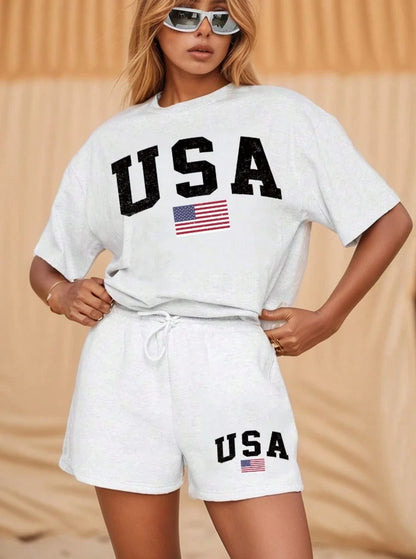 USA Flag Graphic Two Piece Set — Women's Oversized T-Shirt & Shorts Lounge Set