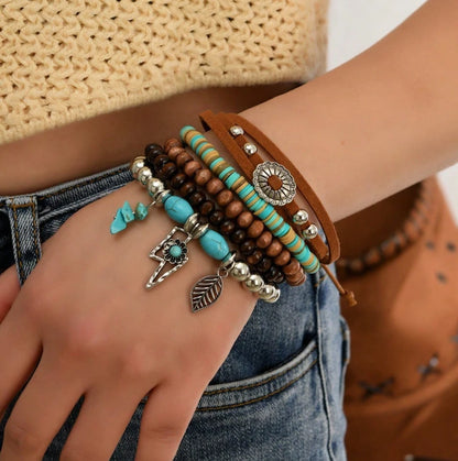 Western Boho Turquoise Beaded Bracelet Set – Cowgirl Stackable Charm Bracelets