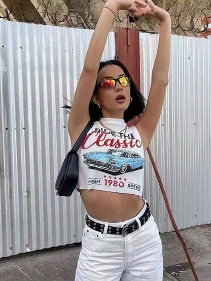 Vintage Car Graphic Crop Top — "Ride the Classic" 1980 Muscle Car Retro