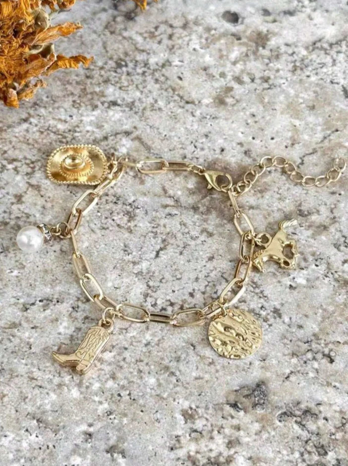 Western Charm Bracelet – Cowboy Hat, Boot, Pearl + Rodeo Charms