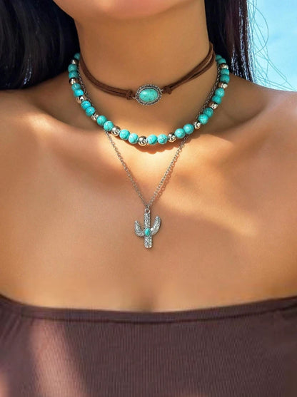 Western Turquoise Layered Necklace Set – Bull Skull & Cactus Pendant