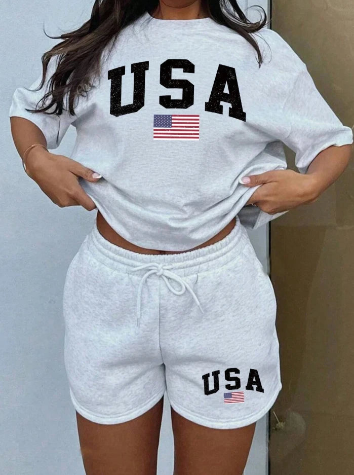 USA Flag Graphic Two Piece Set — Women's Oversized T-Shirt & Shorts Lounge Set
