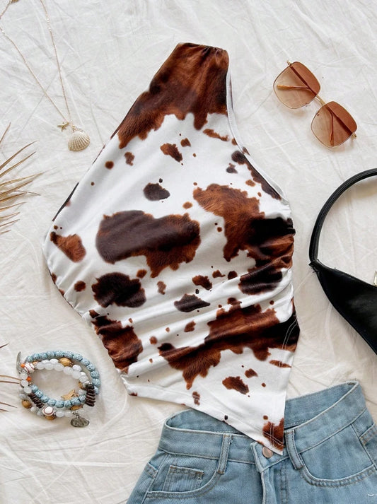 Women’s Western Cow Print One-Shoulder Bodysuit — Rodeo Festival & Country Conce
