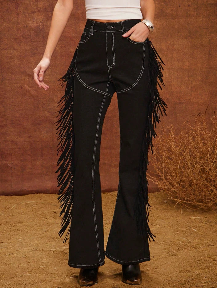 Black Fringe Flare Western Pants – High Waist Bootcut Cowgirl Jeans Rodeo