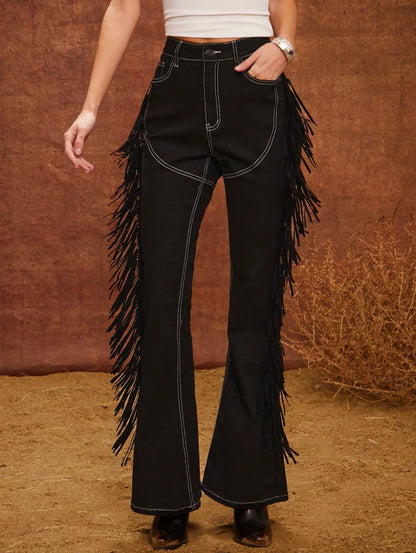 Black Fringe Flare Western Pants – High Waist Bootcut Cowgirl Jeans Rodeo