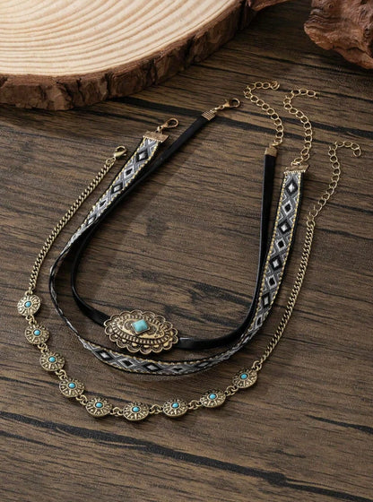 Women’s Western Layered Turquoise Choker Necklace Set — Boho Cowgirl Festival