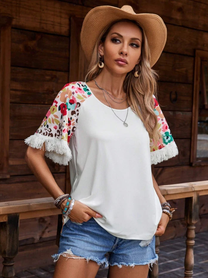 Western Fringe Floral Sleeve Top – Boho Cowgirl Rodeo Shirt, Summer Festival Tee