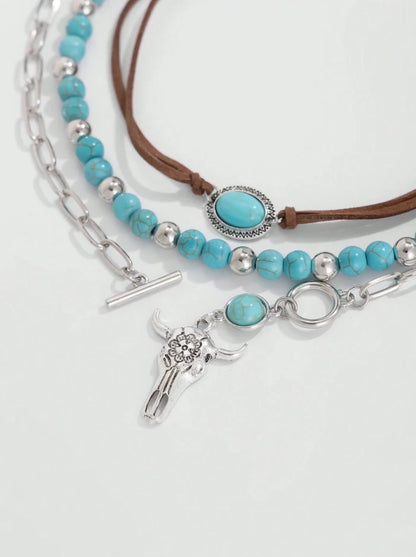 Western Turquoise Layered Necklace Set – Bull Skull & Cactus Pendant