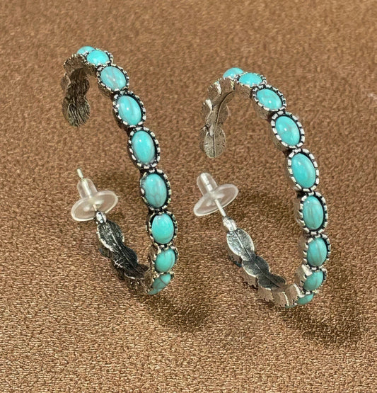 Vintage Western Turquoise Hoop Earrings – Rustic Silver Leaf Detail – Boho