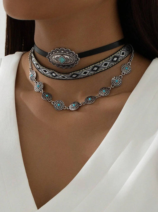 Women’s Western Layered Turquoise Choker Necklace Set — Boho Cowgirl Festival