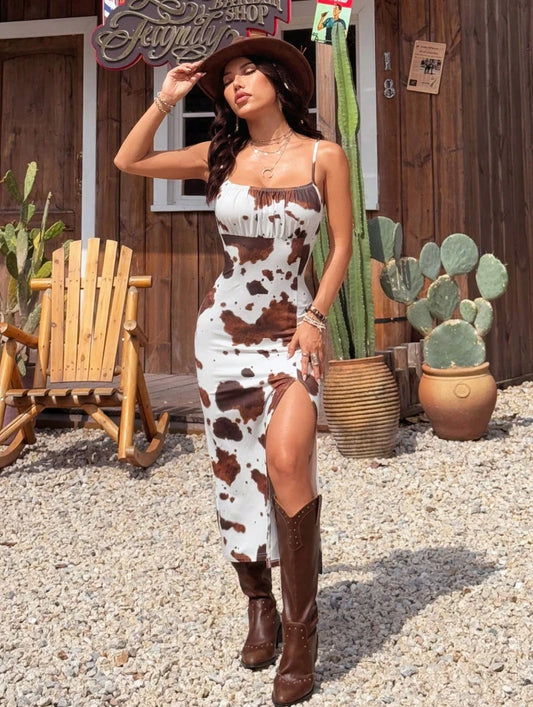 Cow Print Western Bodycon Dress – Slit Midi Rodeo Dress for Country Concerts