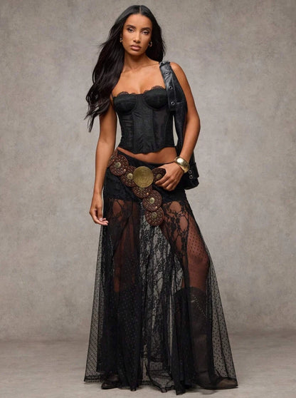 Western Boho Sheer Lace Maxi Skirt — Festival Cowgirl See-Through Layered Mesh