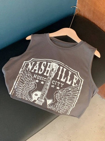Nashville Music City Graphic Crop Tank Top — Vintage Rock Western Country
