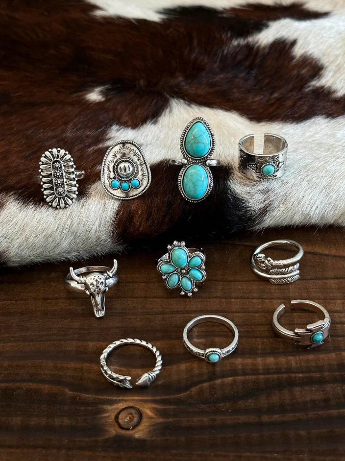 10pc Boho Western Turquoise Ring Set – Cowgirl Rodeo Stackable Silver Jewelry