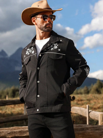 Men’s Black Western Embroidered Cowboy Jacket — Floral & Star Rodeo Style