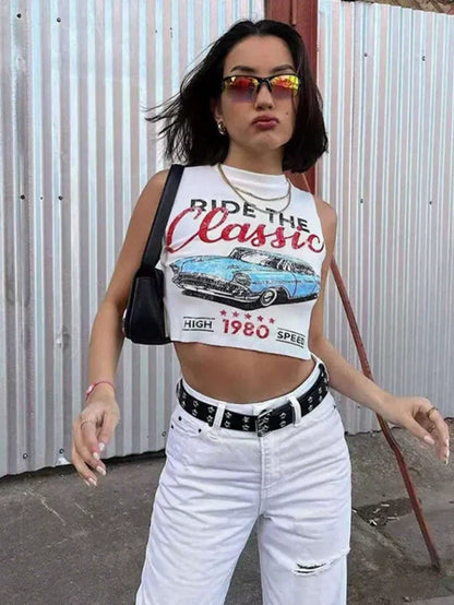 Vintage Car Graphic Crop Top — "Ride the Classic" 1980 Muscle Car Retro