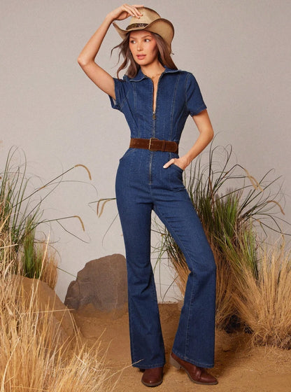 Women’s Western Denim Flare Jumpsuit — Retro Cowboy Rodeo Style | Festival