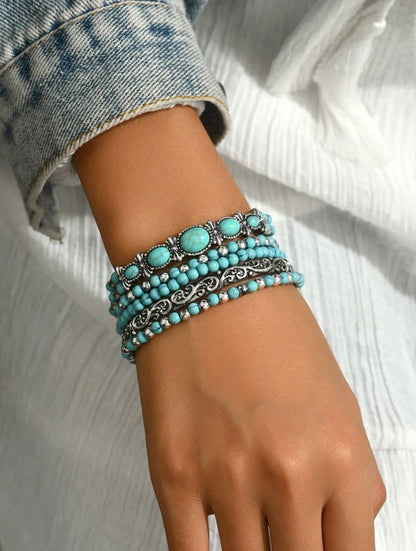 Western Boho Turquoise Beaded Bracelet Set – Cowgirl Stackable Charm Bracelets