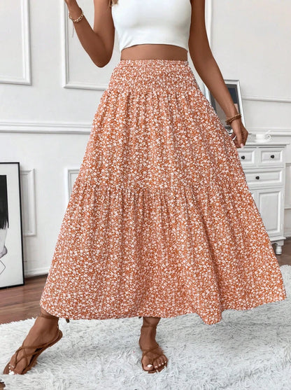 Boho Floral Tiered Maxi Skirt Women’s High Waist Smocked Ruffle Summer
