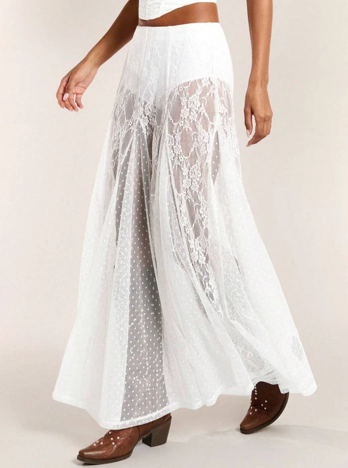 Western Boho Sheer Lace Maxi Skirt — Festival Cowgirl See-Through Layered Mesh