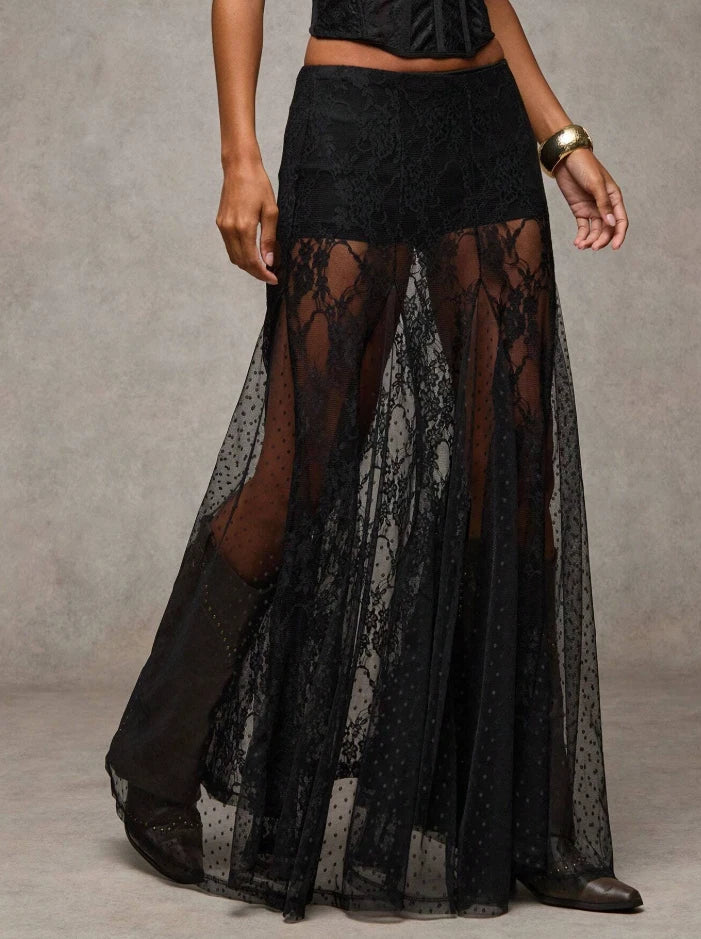 Western Boho Sheer Lace Maxi Skirt — Festival Cowgirl See-Through Layered Mesh