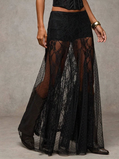 Western Boho Sheer Lace Maxi Skirt — Festival Cowgirl See-Through Layered Mesh