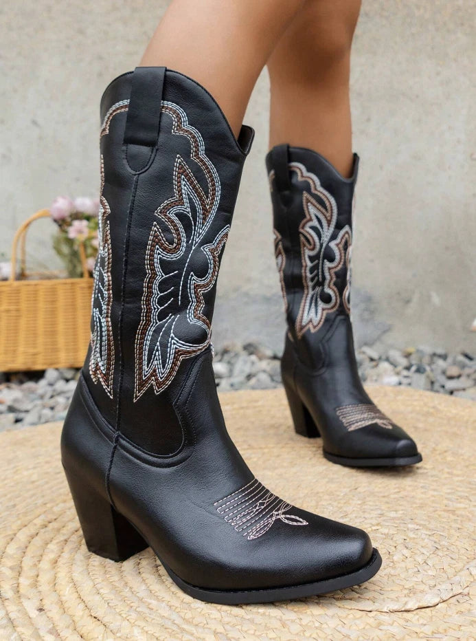 Black Western Cowgirl Boots – Embroidered Mid-Calf Rodeo Boots | Pointed Toe