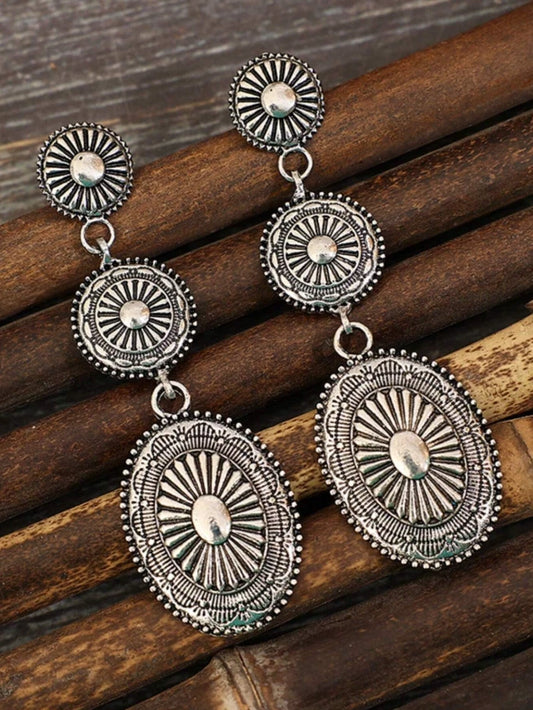 Western Silver Concho Drop Earrings – Boho Rodeo Statement Jewelry