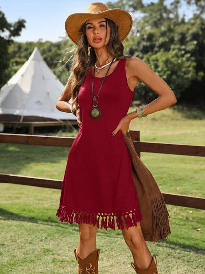 Western Cowgirl Fringe Hem Sleeveless Dress – Boho Rodeo Festival Look