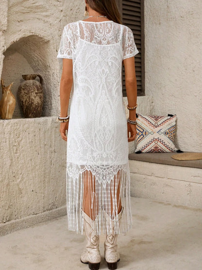 Western Lace Fringe Dress — Boho Cowgirl Short Sleeve Tassel Midi Dress