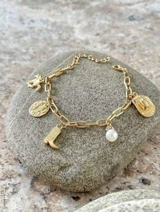 Western Charm Bracelet – Cowboy Hat, Boot, Pearl + Rodeo Charms