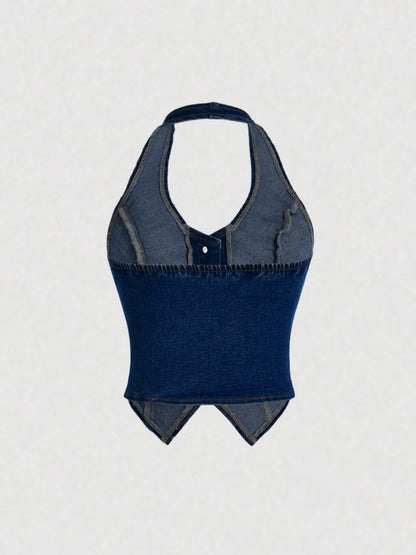Denim Cowgirl Halter Corset Top – Western Y2K Button Front Festival Vest, Rodeo