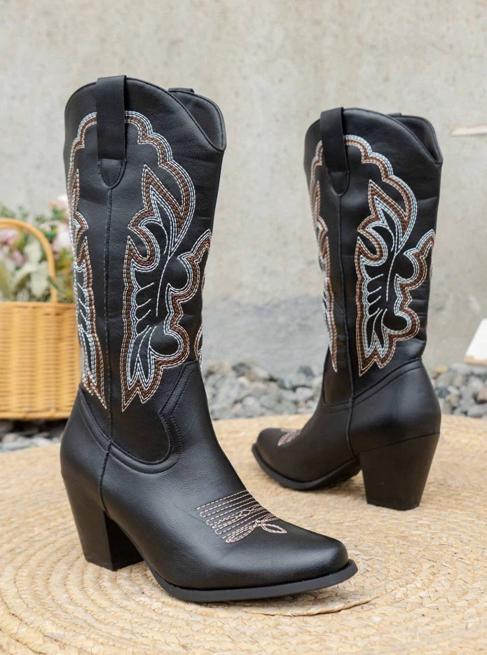 Black Western Cowgirl Boots – Embroidered Mid-Calf Rodeo Boots | Pointed Toe