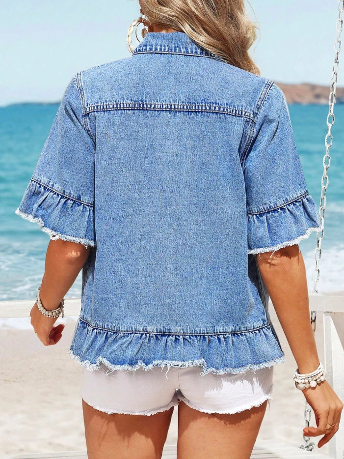 Women’s Western Boho Ruffle Denim Jacket – Fringe Cowgirl Jean Coat