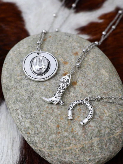 Western Layered Necklace Set – Cowgirl Boot, Horseshoe & Rodeo Hat Pendants
