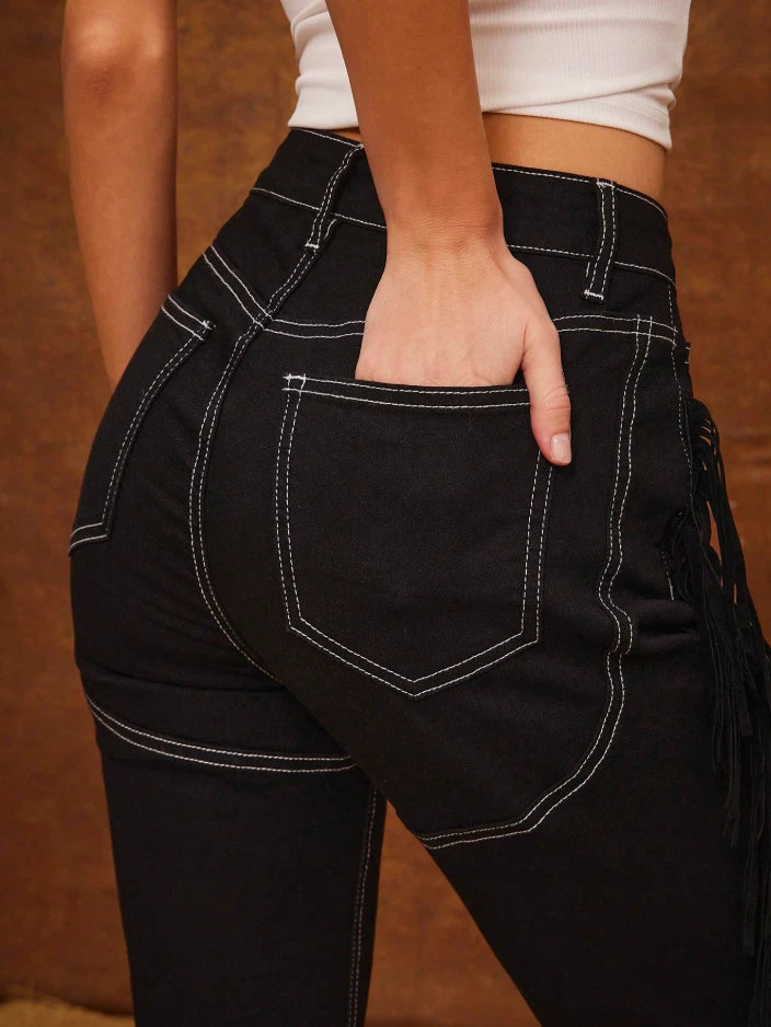 Black Fringe Flare Western Pants – High Waist Bootcut Cowgirl Jeans Rodeo