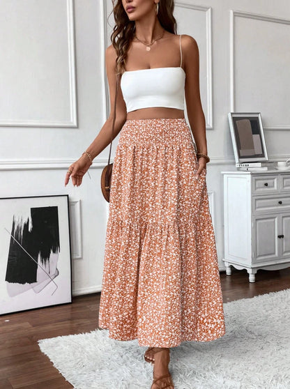 Boho Floral Tiered Maxi Skirt Women’s High Waist Smocked Ruffle Summer