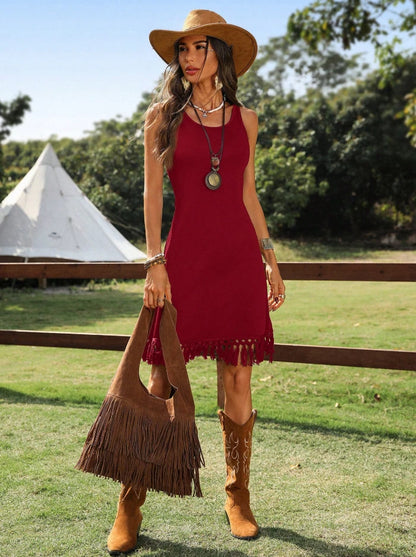 Western Cowgirl Fringe Hem Sleeveless Dress – Boho Rodeo Festival Look