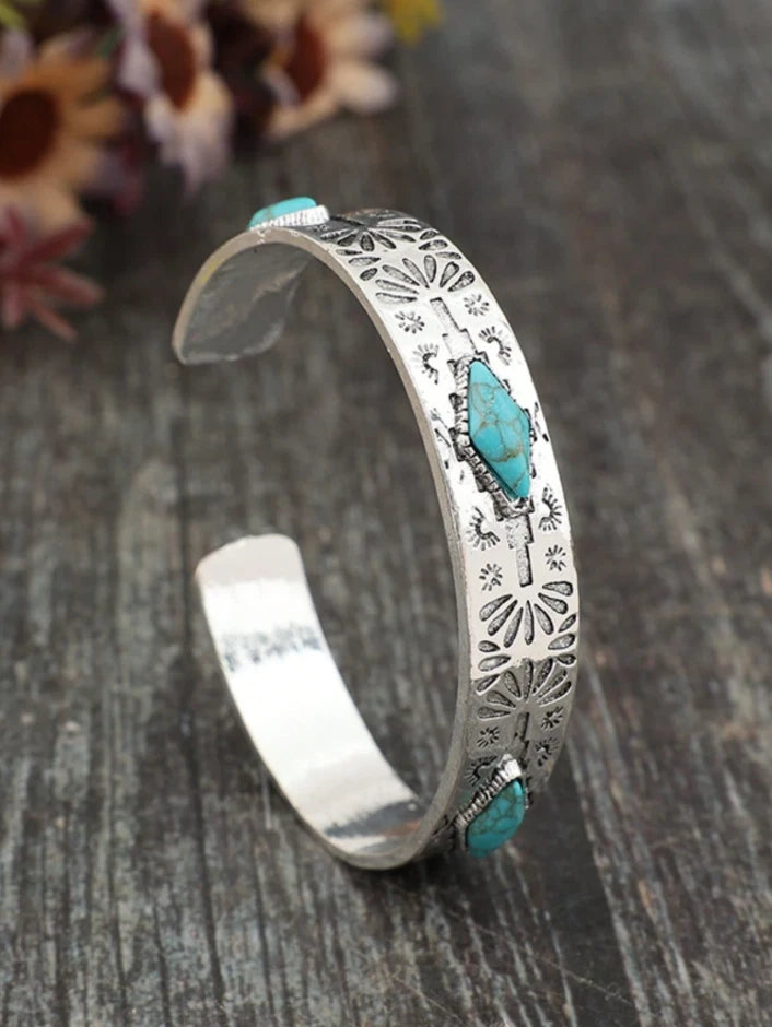 Western Turquoise Cuff Bracelet – Silver Boho Bangle, Southwest Cowgirl Jewelry