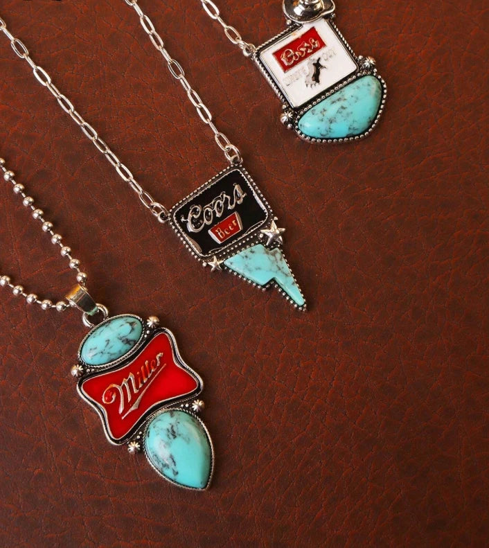 Western Turquoise Beer Logo Necklace — Coors Banquet, Coors Beer, Miller Red