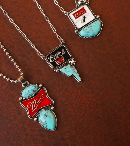 Western Turquoise Beer Logo Necklace — Coors Banquet, Coors Beer, Miller Red