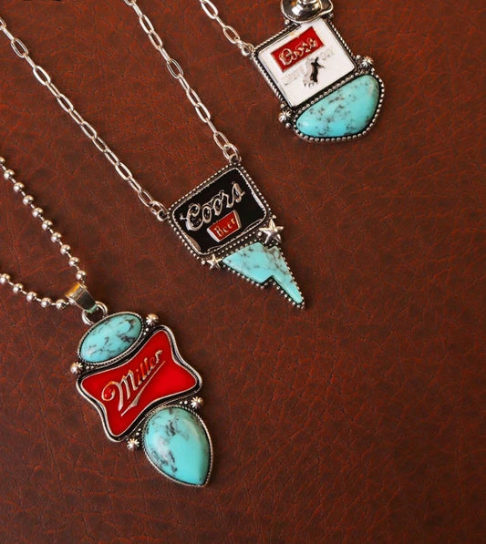 Western Turquoise Beer Logo Necklace — Coors Banquet, Coors Beer, Miller Red