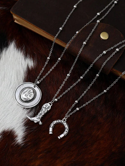 Western Layered Necklace Set – Cowgirl Boot, Horseshoe & Rodeo Hat Pendants