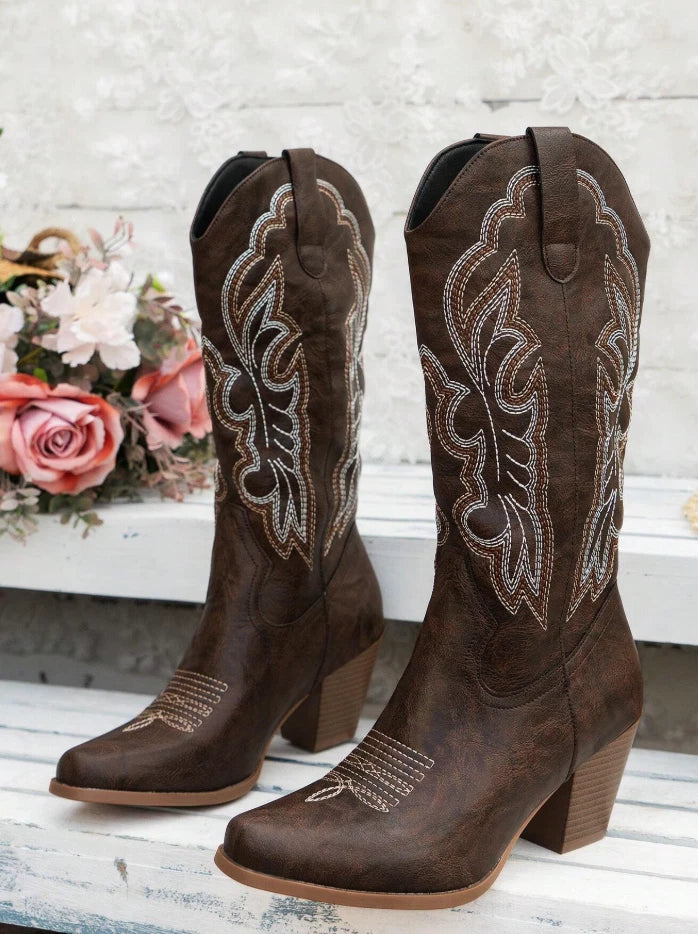 Brown Western Cowgirl Boots – Embroidered Mid-Calf Rodeo Boots