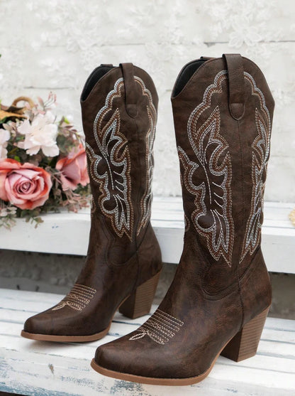 Brown Western Cowgirl Boots – Embroidered Mid-Calf Rodeo Boots