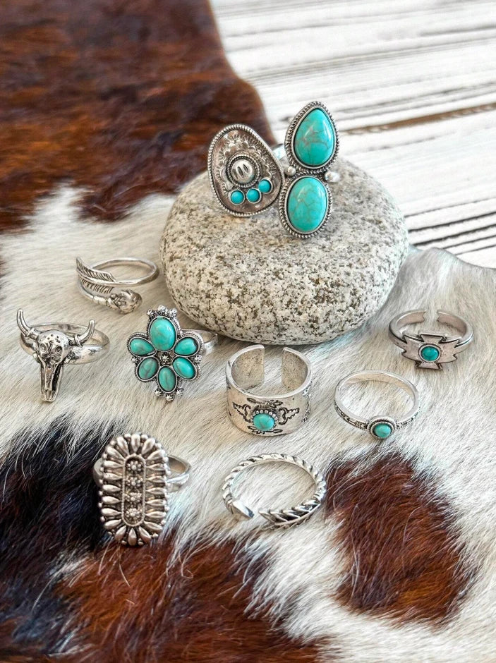 10pc Boho Western Turquoise Ring Set – Cowgirl Rodeo Stackable Silver Jewelry